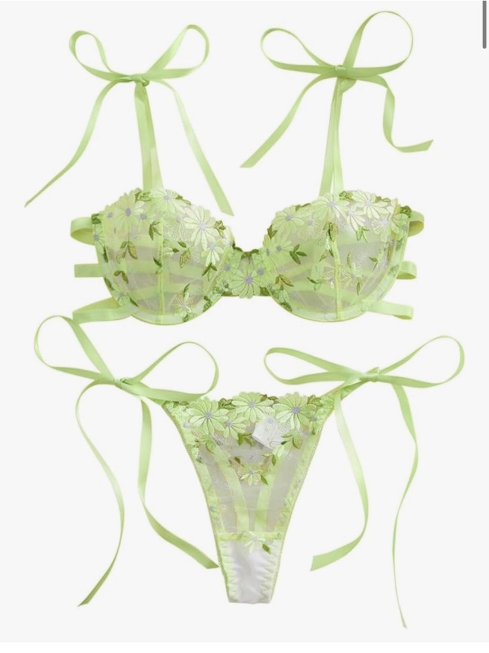 NEVER BEEN WORN- Sheer Floral Embroidered Lace Lingerie Set in Lime Green